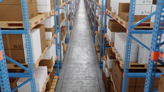 Warehouse with cardboard boxes inside on pallets racks, logistic center. Huge, large modern warehouse. Warehouse filled with cardboard boxes on shelves. Loopable seamless 4K 3D animation