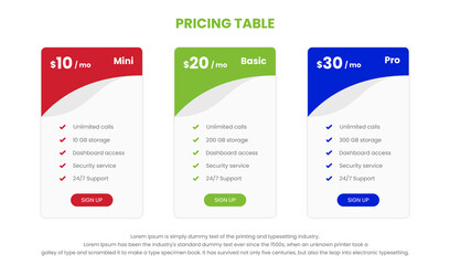 Modern pricing comparison table with three subscription plans and place for description. Flat pricing table design template for or websites and applications.