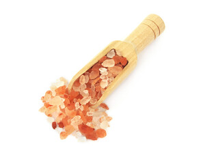 Himalayan pink salt with wooden scoop isolated on white background