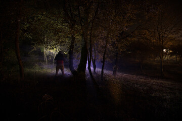 strange light in a dark forest at night. Silhouette of person standing in the dark forest with light. Horror halloween concept. strange silhouette in a dark spooky forest at night