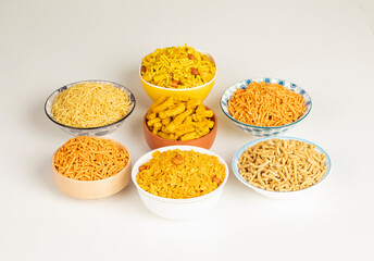 Group of Indian Traditional Spicy And Sweet Namkeen Food
