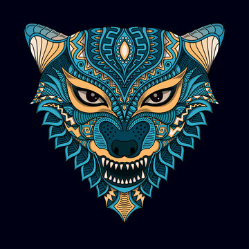 Stylized wolf in ethnic vector black background