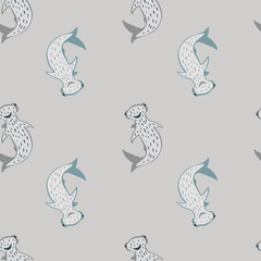 Minimalistic seamless doodle pattern with ocean hammerhead sharks ornament. Grey background.
