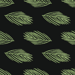 Green fir tree christmas branches seamless doodle pattern. Black background. Contrast print.