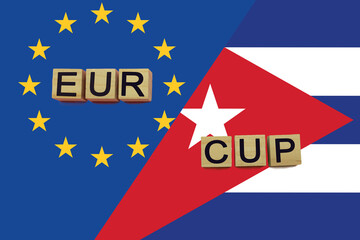 United Europe and Cuba currencies codes on national flags background
