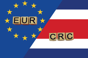 United Europe and Costa Rica currencies codes on national flags background