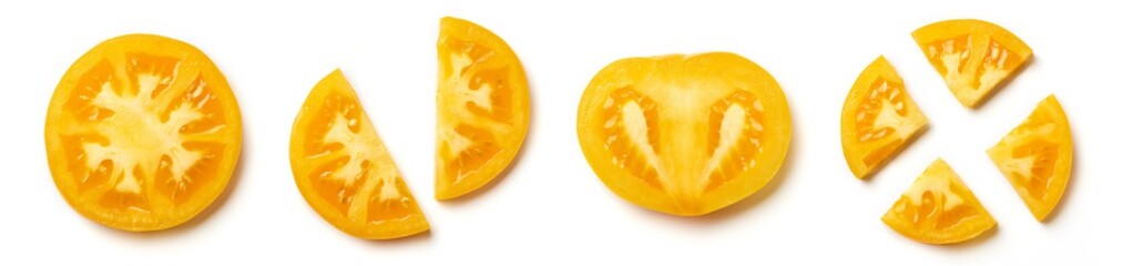 Tomato slices isolated on white, from above