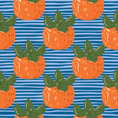 Cartoon seamless doodle pattern with bright orange persimmons. Blue striped background.