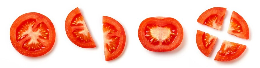Tomato slices isolated on white, from above
