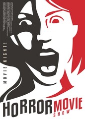 Shocked and frightened girl screaming artistic cinema poster for horror movie genre. Horror film festival vector flyer template with portrait of terrified woman.