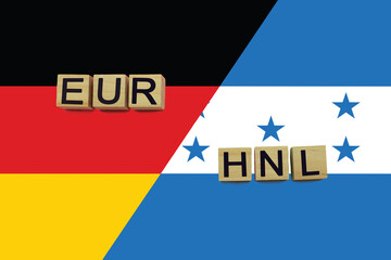 Germany and Honduras currencies codes on national flags background