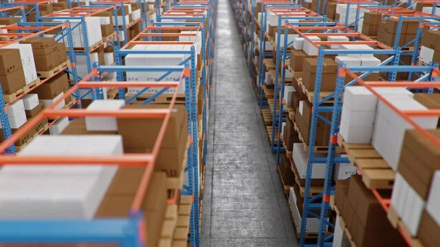 Warehouse with cardboard boxes inside on pallets racks, logistic center. Huge, large modern warehouse. Warehouse filled with cardboard boxes on shelves. Loopable seamless 4K 3D animation