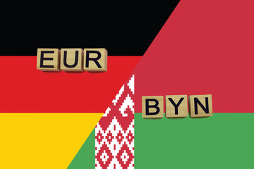 Germany and Belarus currencies codes on national flags background
