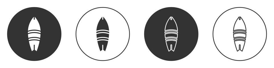 Black Surfboard icon isolated on white background. Surfing board. Extreme sport. Sport equipment. Circle button. Vector Illustration.