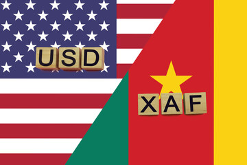 USA and Cameroon currencies codes on national flags background