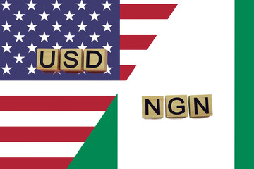 USA and Nigeria currencies codes on national flags background