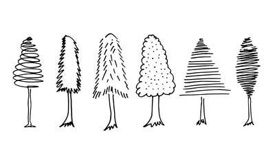 doodle park forest conifer abstract silhouettes outlined trees in black color collection set