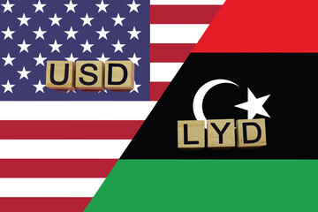 USA and Libya currencies codes on national flags background