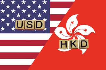 USA and Hong Kong currencies codes on national flags background