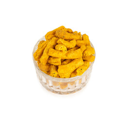 Indian Traditional Spicy Ganthiya or Gathiya, Gathia Are Deep Fried Namkeen Food on White Background