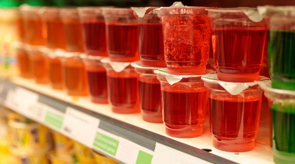 plastic transparent cups with red and green liquid stand on the counter