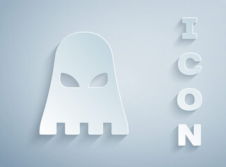 Paper cut Executioner mask icon isolated on grey background. Hangman, torturer, executor, tormentor, butcher, headsman icon. Paper art style. Vector.