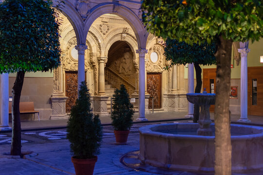 Details of the Jabalquinto Palace at night in Baeza, a World Heritage city