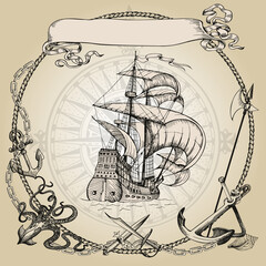 Adventure stories. Pirate background. Vintage border frame. Old caravel, vintage sailboat. Octopus, daggers, anchor, anchor chains