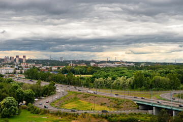 Fototapeta na wymiar Panoramic view of the city of Moskovsky Prospekt and the Kotorosl River in Yaroslavl, Russia