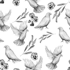 Watercolor seamless pattern of dove bird.