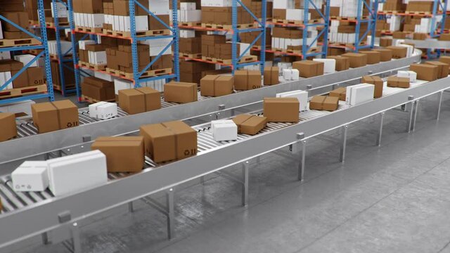Warehouse with cardboard boxes inside on pallets racks, logistic center. Huge, large modern warehouse. Cardboard boxes on a conveyor belt in a warehouse, loopable seamless 4K 3D animation