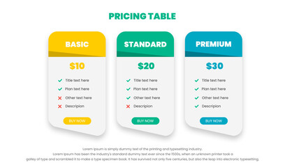 Modern pricing comparison table with three subscription plans and place for description. Flat pricing table design template for or websites and applications.