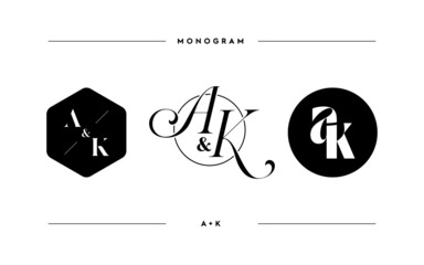 Stunning AK logotype with split elegant monograms letters suitable for logo graphic. Vector stock initials of A and K. Graphic design template business card, wedding invitations.
