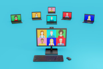 People connecting together, learning or meeting online with teleconference, video conference remote working on computer, work from home and work from anywhere concept. 3D Illustration