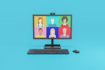 People connecting together, learning or meeting online with teleconference, video conference remote working on computer, work from home and work from anywhere concept. 3D Illustration