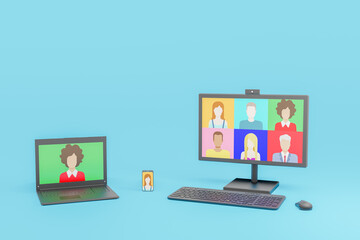 People connecting together, learning or meeting online with teleconference, video conference remote working on computer, work from home and work from anywhere concept. 3D Illustration