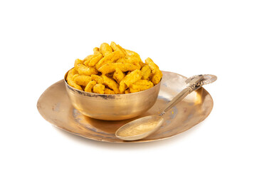 Indian Traditional Spicy Ganthiya or Gathiya, Gathia Are Deep Fried Namkeen Food on White Background