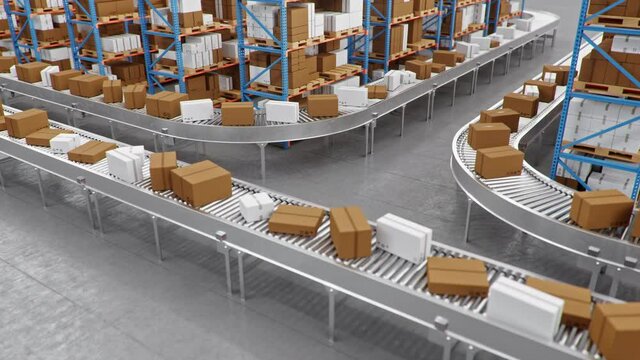Warehouse with cardboard boxes inside on pallets racks, logistic center. Huge, large modern warehouse. Cardboard boxes on a conveyor belt in a warehouse, loopable seamless 4K 3D animation