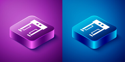 Isometric Metal detector icon isolated on blue and purple background. Airport security guard on metal detector check point. Square button. Vector.