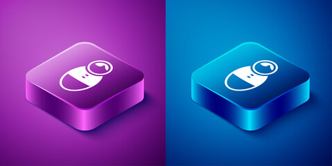 Isometric Tumbler doll toy icon isolated on blue and purple background. Square button. Vector.