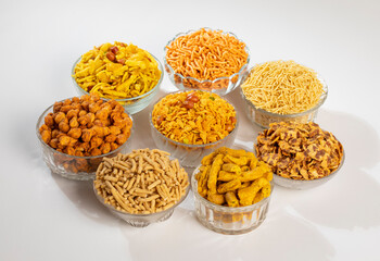 Group of Indian Traditional Spicy And Sweet Namkeen Food