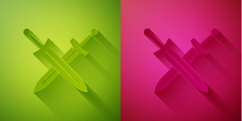 Paper cut Crossed medieval sword icon isolated on green and pink background. Medieval weapon. Paper art style. Vector.