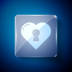 White Heart with keyhole icon isolated on blue background. Locked Heart. Love symbol and keyhole sign. Square glass panels. Vector.