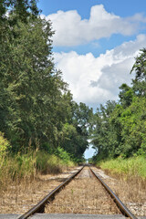 Fototapeta premium Railroad tracks through the countryside with clouds