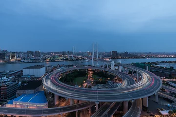 Tableaux sur verre Pont de Nanpu Vue aérienne du pont Nanpu au crépuscule, paysage de la ville moderne de Shanghai. Belle vue nocturne sur le pont très fréquenté qui traverse la rivière Huangpu