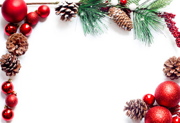 Christmas tree branches and 
baubles background - obrazy, fototapety, plakaty