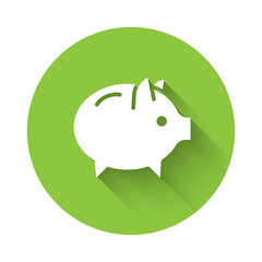 White Piggy bank icon isolated with long shadow. Icon saving or accumulation of money, investment. Green circle button. Vector.