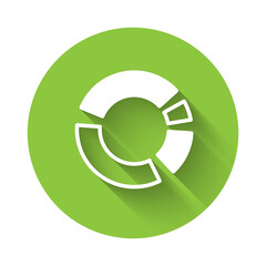 White Pie chart infographic icon isolated with long shadow. Diagram chart sign. Green circle button. Vector.