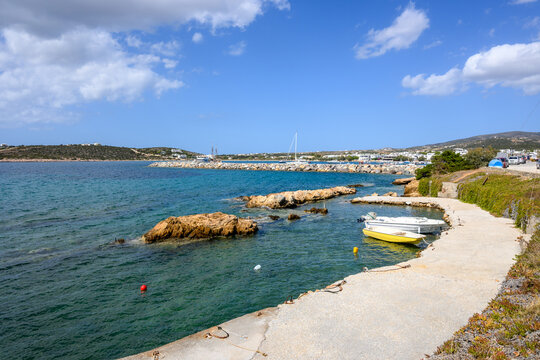 Aliki bay Paros with turquoise waters in Aliki village. Paros Island, Cyclades, Greece