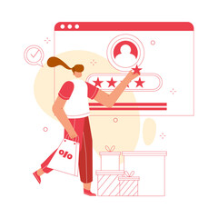 Woman give online review. Customer concept vector illustration. Suitable for website, landing page, mobile apps.